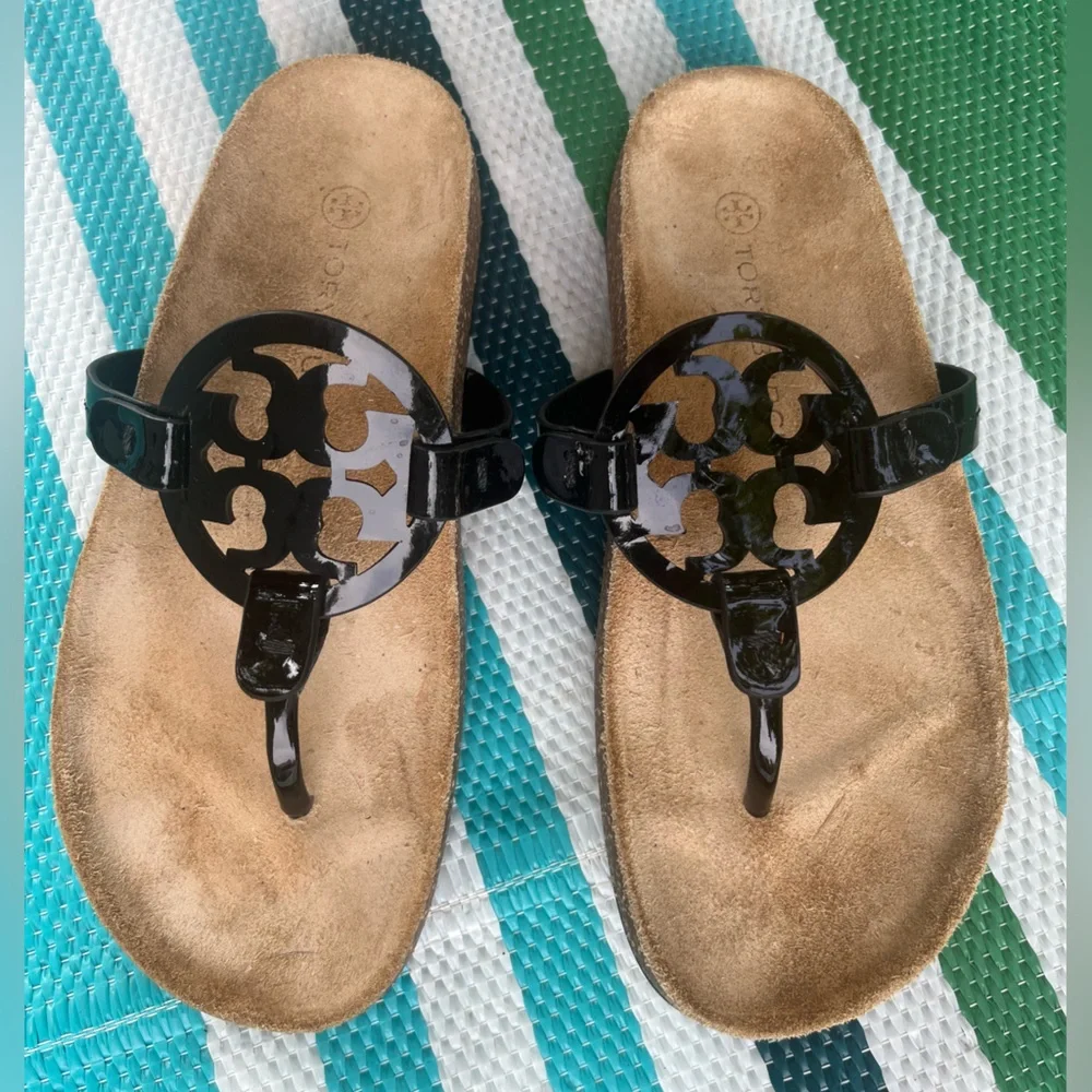 ✨🎉HP✨🎉 Tory Burch Miller Cloud Black Patent Leather Suede Sandals Size 6